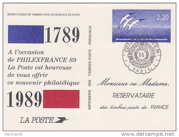 Entier Postaux Bicentenaire De La Révolution Philexfrance 89 Souvenir Philatélique 1789 1989 Carte Réservataire - Official Stationery