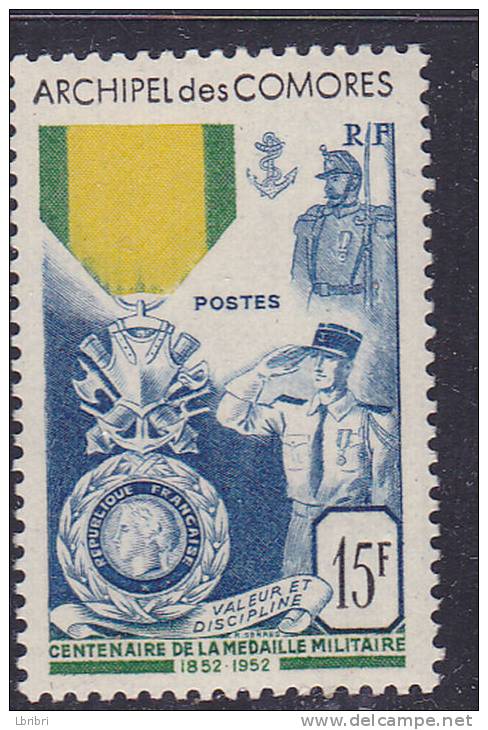 COMORES N°12 15F BLEU VERT ET JAUNE CENTENAIRE DE LA MEDAILLE MILITAIRE  NEUF SANS CHARNIERE - Unused Stamps