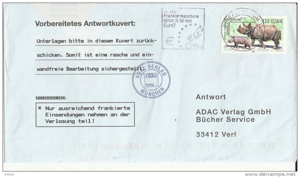 ALEMANIA CC CON SELLO RINOCERONTE FAUNA BRIEFZENTRUM 12 - Rhinoceros