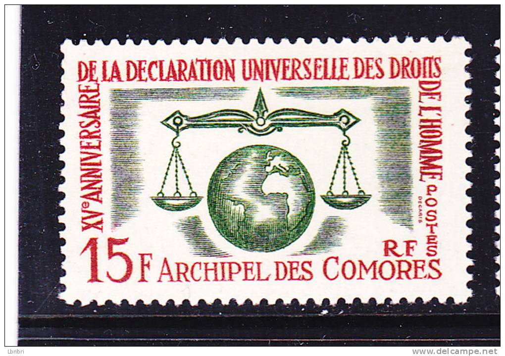 COMORES N° 28 15F CARMIN ET VERT 15E ANNIVERSAIRE DE LA DECLARATION DES DROIT S DE L'HOMME NEUF SANS CHARNIERE - Unused Stamps