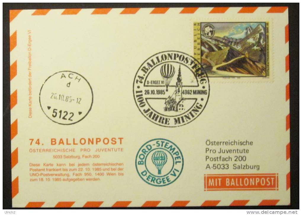 Österreichische Pro Juventute Ballonpost Nr. 74a-b (26.10.1985) - 3 Belege - Per Palloni