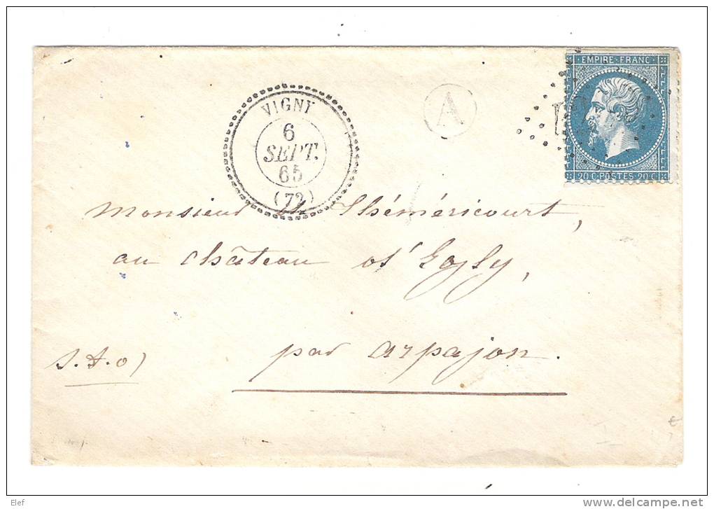 Lettre:  VIGNY,Seine & Oise,Cachet PERLE,6 Sept 1865,FACTEUR A,GC 4209 S N° 22;PIANO >Chateau D´Egly / Arpajon;OCTOGONAL - 1849-1876: Période Classique