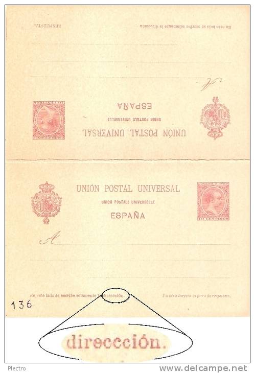 Tarjeta Entero Postal Doble De Alfonso XIII, Pelón, Año 1894, VARIEDAD "ccc" - 1850-1931
