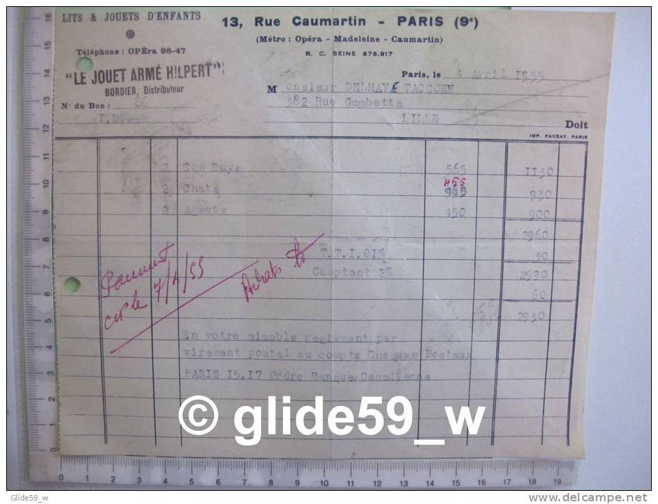 Lits &amp; Jouets D'Enfants - LE JOUET ARME HILPERT - BORDIER Distributeur - PARIS Le 4 Avril 1955 - Altri & Non Classificati