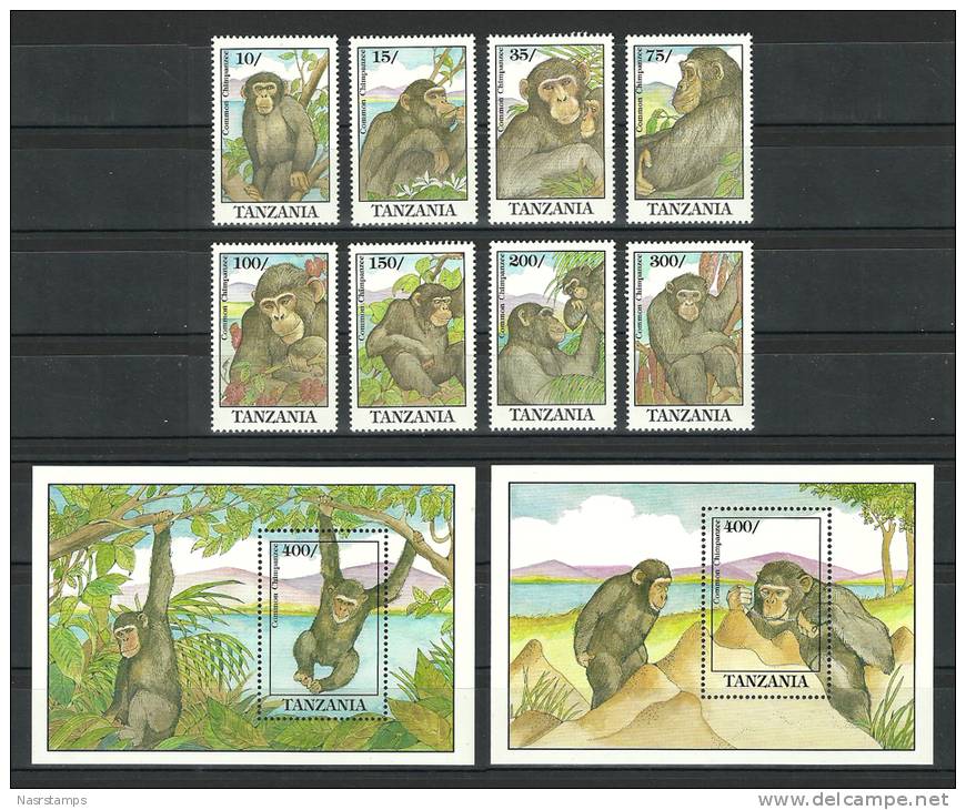 Tanzania - 1992 - ( Common Chimpanzee ) - Complete Set With 2 S/S - MNH (**) - Tanzania (1964-...)