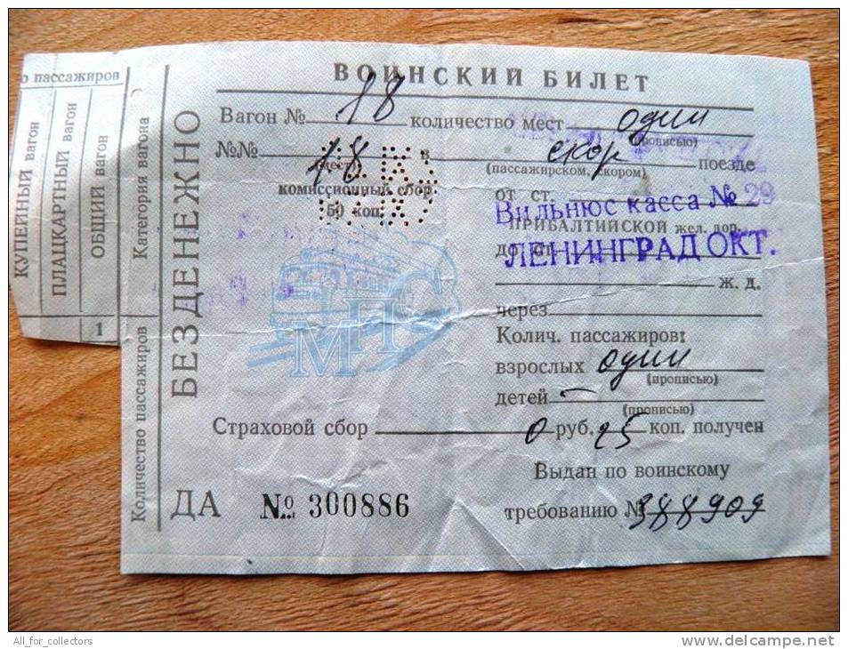 Train Ticket From USSR Vilnius Military Ticket - Europe