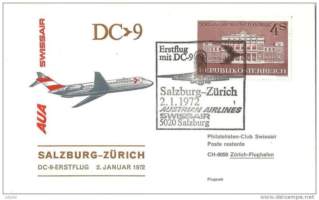 AUA Erstflug DC-9 Salzburg - Zürich          1972 - Premiers Vols