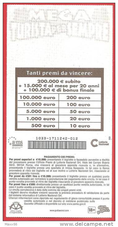 ITALIA - ITALY - LOTTERIA ISTANTANEA - LOTTERY TICKET - GRATTA E VINCI - MEGA TURISTA PER SEMPRE - € 10,00 - Biglietti Della Lotteria