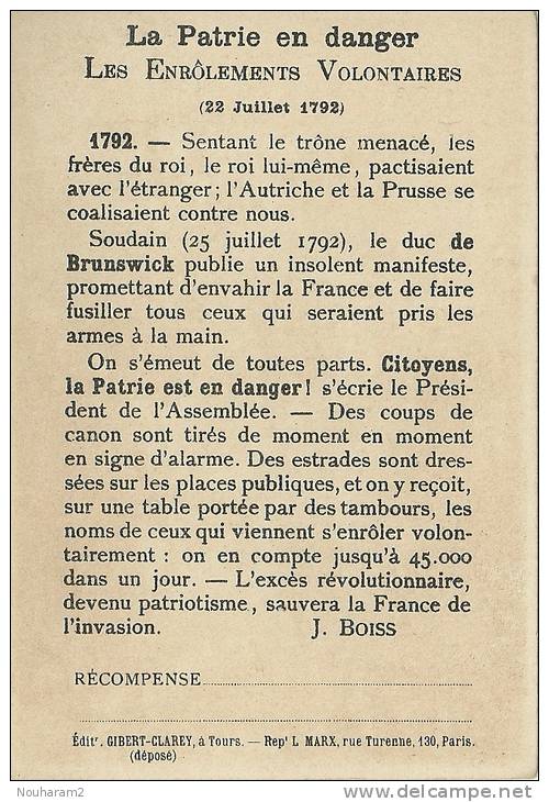 Chromos Réf. 032. La Patrie En Danger - Les Enrôlements Volontaires - 22 Juillet 1792 - Ed. Gibert-Clarey Tours - Autres & Non Classés