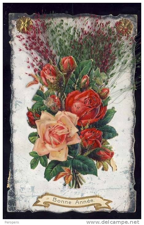 AK   EMBROIDERED     BONNE ANNEE       ROSES   ROSE   1908 - Bestickt