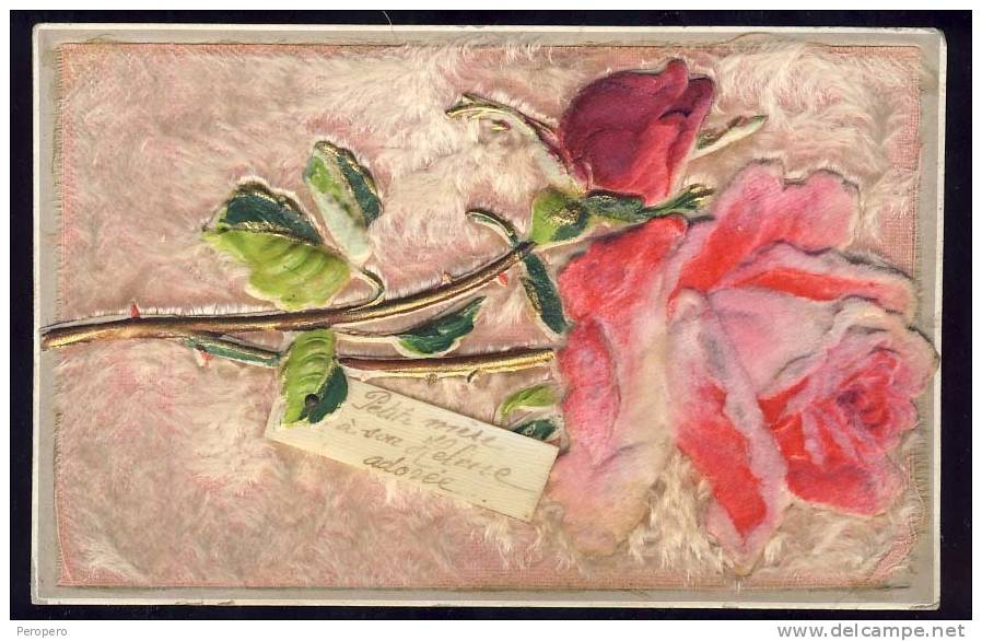 AK   EMBROIDERED   ROSE  ROSES    GREETINGS - Bestickt