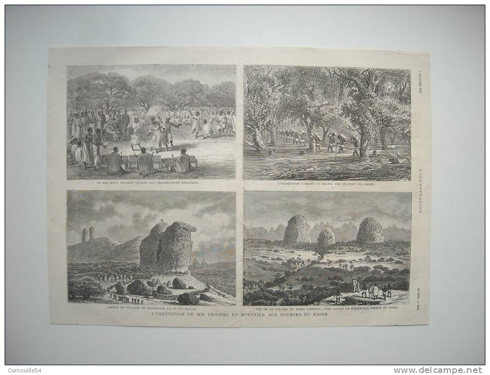 GRAVURE 1881. L’EXPEDITION DE MM. ZWEIFEL ET MOUSTIER AUX SOURCES DU NIGER. 6 GRAVURES + CARTE SUR 2 FEUILLETS.......... - Prints & Engravings