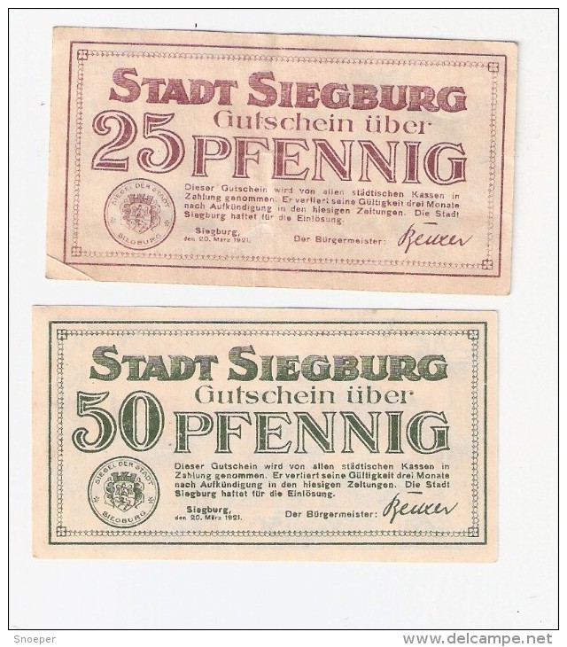 Notgeld Siegeberg  25 +  50 Pf    20/3/1921    1225.3 - [11] Emissions Locales