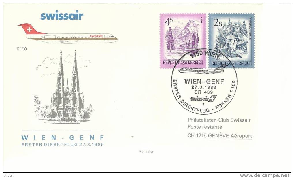 AUSTRIA CC PRIMER WIEN GENF SWISSAIR FOKKER 1988 AL DORSO MAT GENEVE - Lettres & Documents