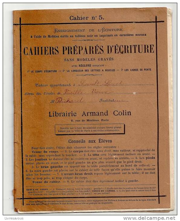 Cahiers Préparés D'écriture N°5 De La Librairie Armand Colin Complétement écrit Pas L'élève En 1914 - Protège-cahiers