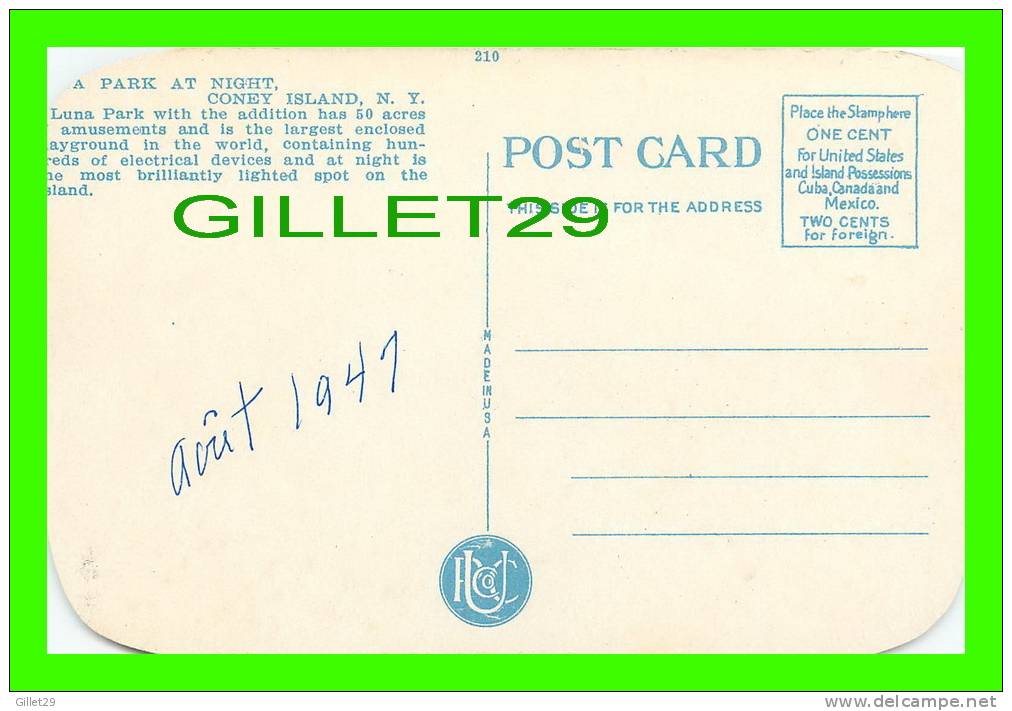 CONEY ISLAND, NY - GENERAL VIEW OF LUNA PARK AT NIGHT - PUC Co - STEEPLECHASE PARK - - Stadiums & Sporting Infrastructures