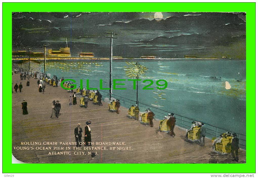 ATLANTIC CITY, NJ - ROLLING CHAIR PARADE ON THE BOARDWALK - YOUNG'S OCEAN PIER DISTANCE, BY NIGHT - Atlantic City