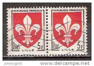 Timbre France Y&T N°1186x2 (3) Obl. Paire Horizontale. Armoirie De Lille.  5 F. Brun-noir Et Rouge. Cote 0,30 € - 1941-66 Coat Of Arms And Heraldry