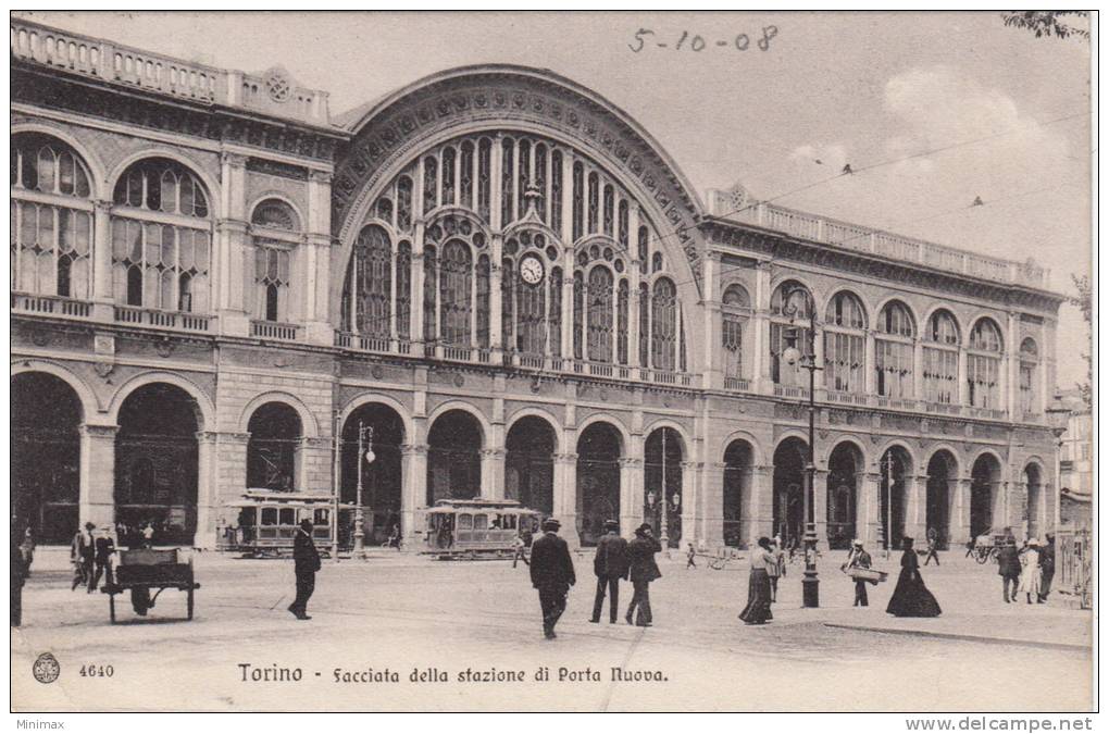 Torino - Facciata Della Stazione Di Porta Nuova, 1908, Animé, Tram - Autres Monuments, édifices