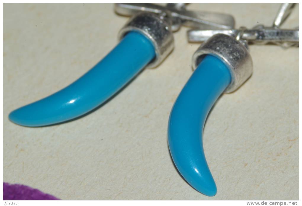 BOUCLES D' Oreilles ARGENT + TURQUOISE En Forme De DENT - Earrings