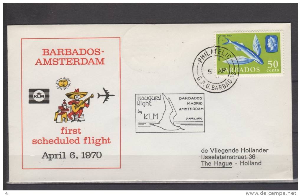 Premier Vol /First Flight / Erstflug / Barbados - Madrid - Amsterdam  , KLM - Poste Aérienne