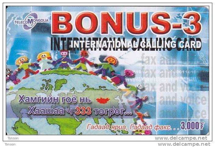 Mongolia, 3,000 Units Card, Bonus-3, Globe, 2 Scans. ( Different) - Mongolia