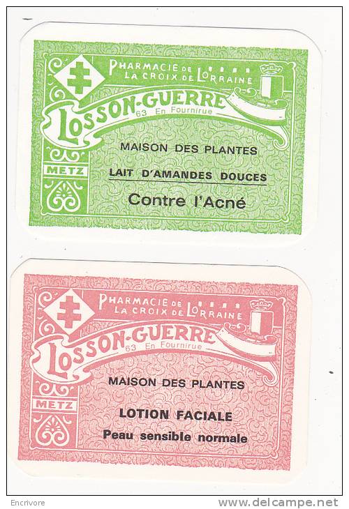 2 Etiquettes LOSSON GUERRE DUVAL Pharmacie De La Croix De Lorraine Maison Des Plantes Lotion Faciale Lait Amandes METZ - Etiketten