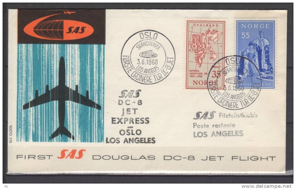 Premier Vol /First Flight / Erstflug /   Oslo - Los Angeles  , DC 8 - SAS - Briefe U. Dokumente