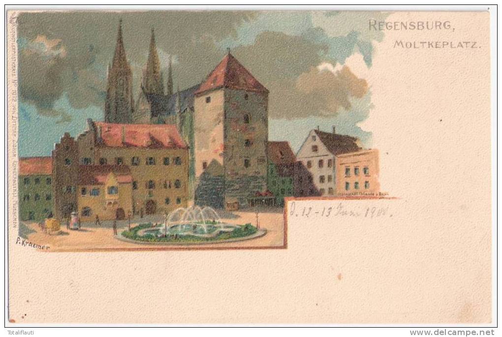 Regensburg Moltkeplatz Color Litho Signiert P Kraemer 12. Juni 1900 Fast TOP-Erhaltung - Regensburg