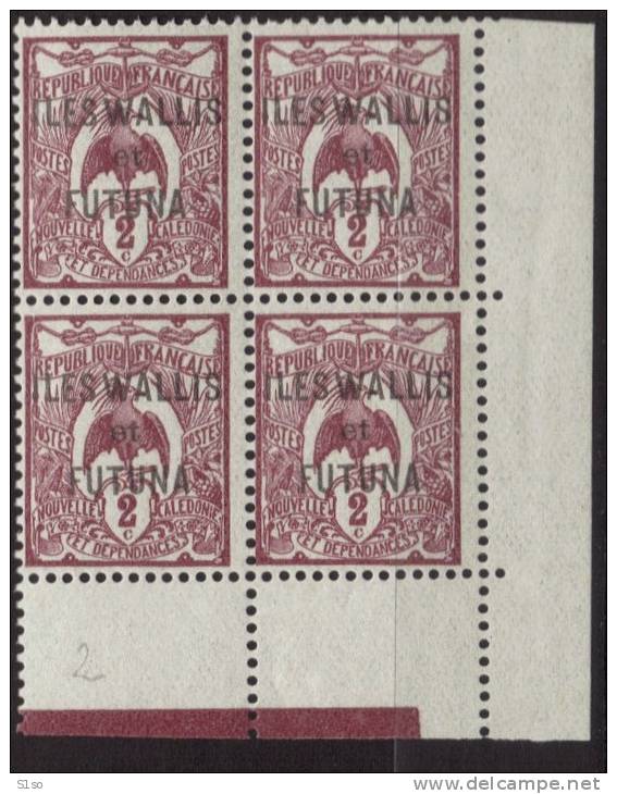 WALLIS Et FUTUNA 1920 Poste Yvert N° 2  En Bloc De 4 Coin De Feuille  Neuf Sans Charniere - Ongebruikt