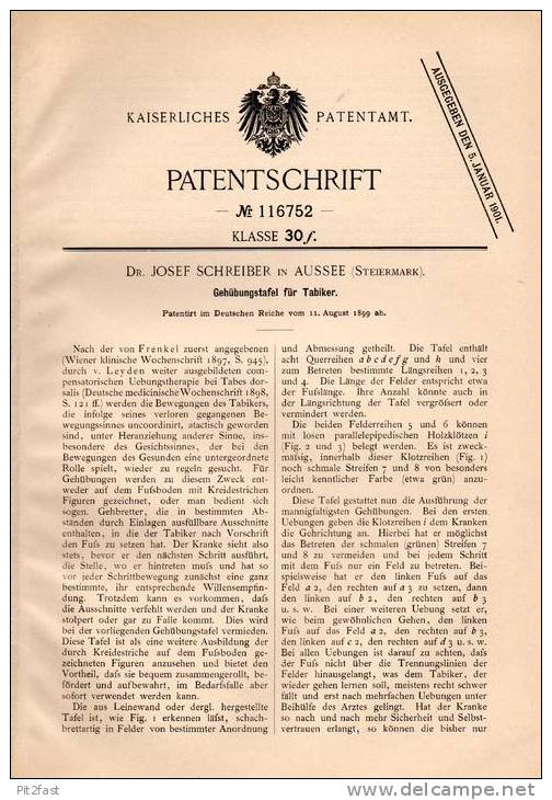 Original Patentschrift - Dr. J. Schreiber In Aussee , Steiermark , 1899 , Tafel Für Tabiker , Medizin , Tabes , Arzt !!! - Historische Dokumente