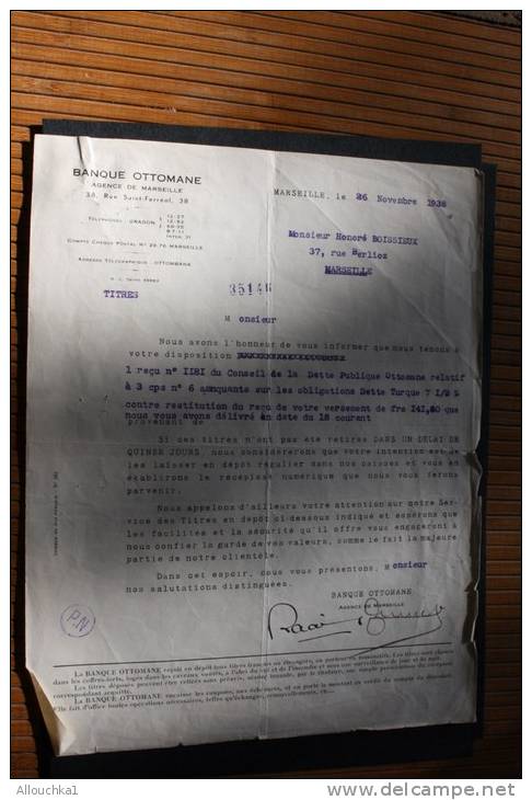 Lettre De La Banque Ottomane Marseille Le 26 Novembre 1938 Actions Et Titre  Reçu Dette Turque 1933 - Banco & Caja De Ahorros