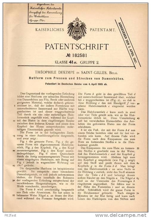 Original Patentschrift - T. Dekimpe In Saint-Gilles , 1905 , Hutform Zum Pressen , Frauenhut , Damenhut !!! - Kapje, Hoeden, Mutsen