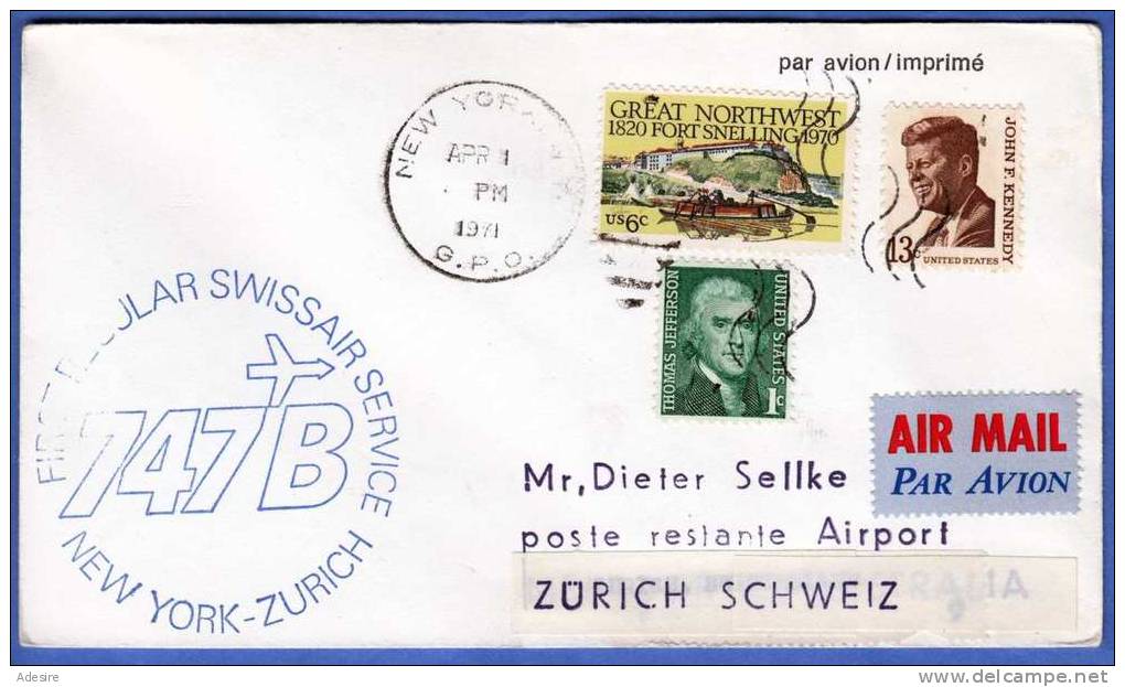 USA 1971, Erstflug SWISSAIR "New York - Zurich", Schöne 3 Fach Frankierung - Other & Unclassified