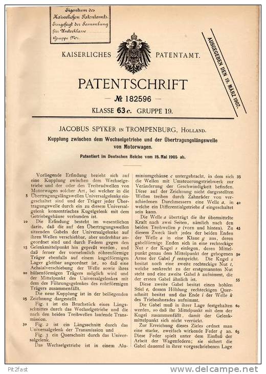 Original Patentschrift - J. Spyker In Trompenburg , 1905 , Kupplung Für Automobile , Motorwagen !!! - KFZ