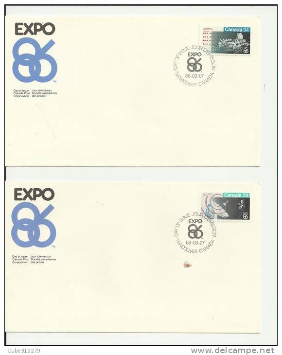 CANADA 1986– SET OF 2 FDC EXPO 86 WORLD EXPOSITION – VANCOUVER “WORLD IN MOTION & IN TOUCH” -  W 1 ST EACH OF 34 (PAVILL - 1981-1990