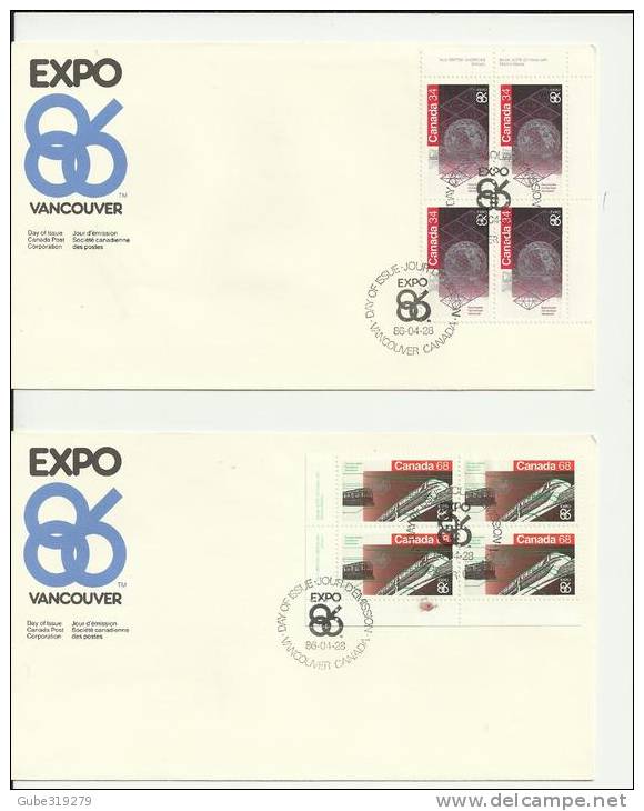 CANADA 1986– SET OF 2 FDC EXPO 86 WORLD EXPOSITION – VANCOUVER TRANSPORT (TRAIN) – EXPO CENTER (GLOBE)  - EACH  W 1 UPPE - 1981-1990