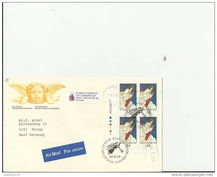 CCANADA 1986 – FDC CHRISTMAS  FLOWN TO WROHM / WEST GERMANY  W 1 LEFT LOWER BLOCK OF 4 STS OF 34 C DOUBLE POSTM OTTAWA O - 1981-1990
