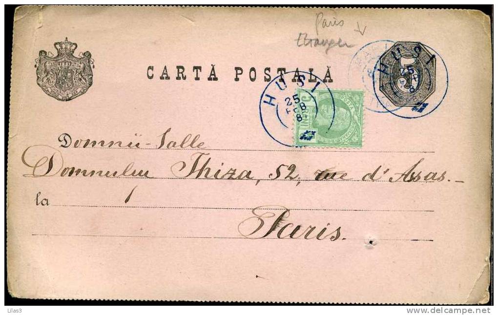 Entier Postal 5 Bani + Timbe 5 Bani Husi 25/2/1887 Pour Paris. Cachet Paris étranger - Postal Stationery