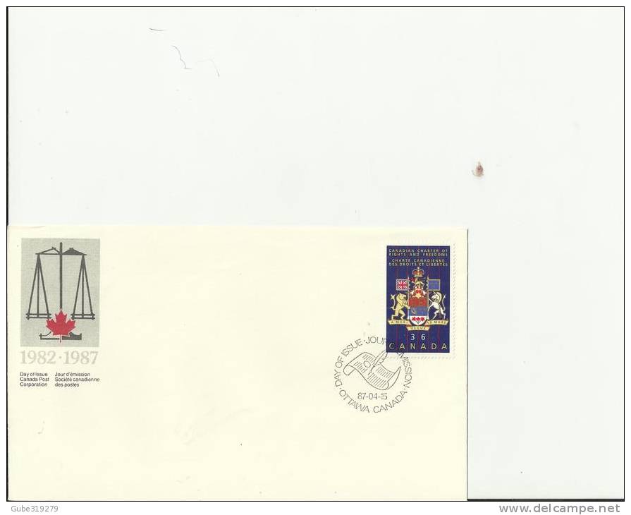 CANADA 1987 – FDC 5 YEARS – CANADA CHART OF RIGHTS & FREEDOM – LAW DAY W 1 ST  OF 36 C POSTM OTTAWA APR 15 –RE2121 - 1981-1990