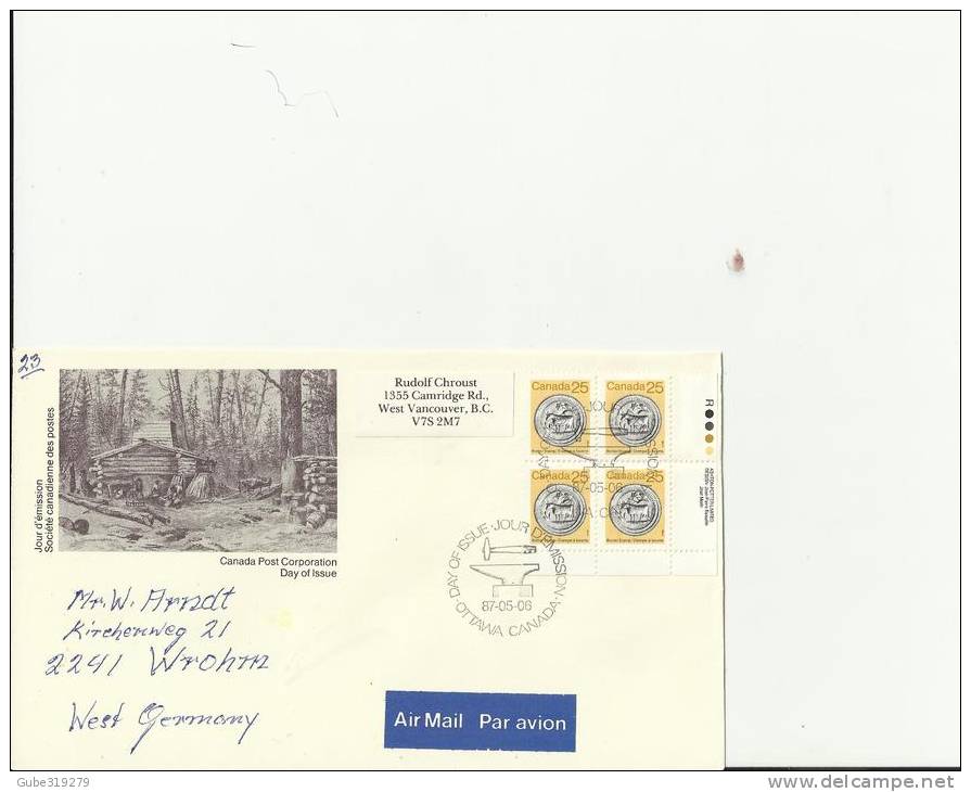 CANADA 1987 – FDC CRAFTMANSHIP RURAL ECONOMY – BUTTER STAMP ADDR TO GERMANY  W 1 RIGHT LOWER BLOCK OF 4 STS  OF 25 C POS - 1981-1990