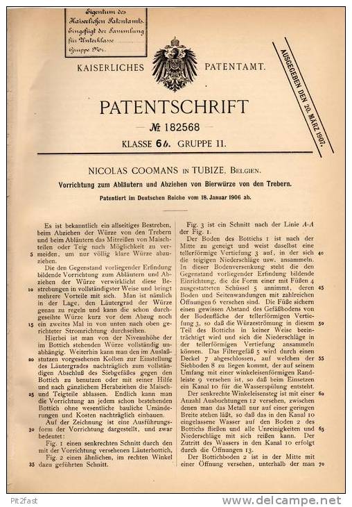 Original Patentschrift - N. Coomans In Tubize , 1906 , Apparat Für Bier , Beer , Brauerei , Alkohol !!! - Documenti Storici