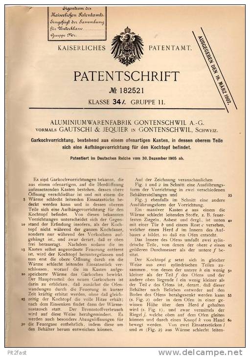 Original Patentschrift - Gautschi & Jequier In Gontenschwil , 1905 , Gas - Kochapparat , Koch , Kochherd !!! - Historische Dokumente