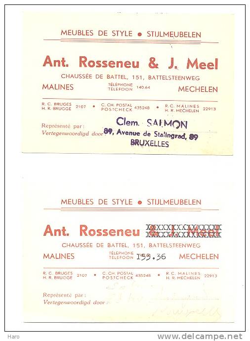 Carte De Visite (2 Variantes - MECHELEN - MALINES - Meubelen Ant. Rosseneu & J Meel (k) - Cartes De Visite