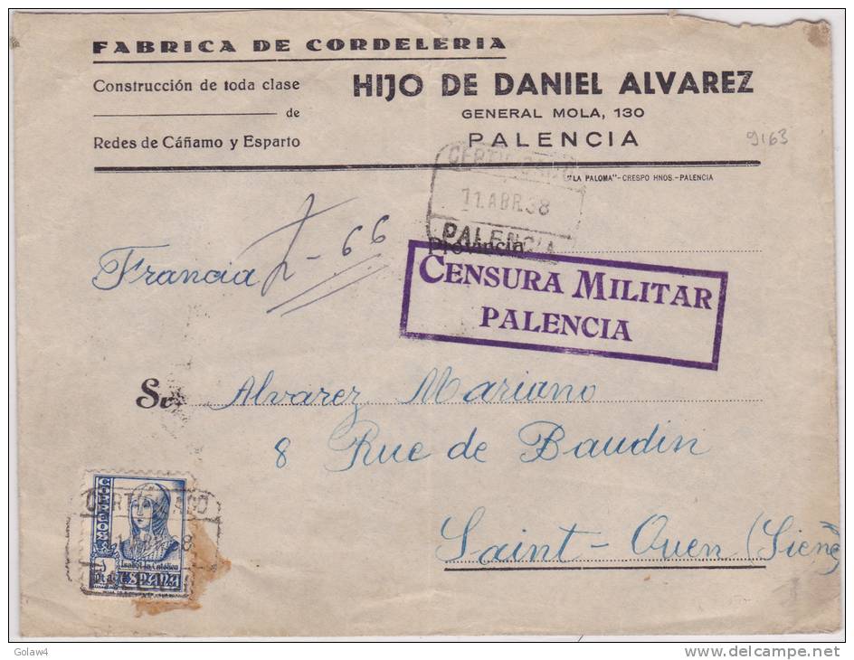 9163# PALENCIA 1938 CERTIFICADO CENSURA MILITAR PALENCIA => ST OUEN SEINE FRANCIA Via IRUN - Marques De Censures Nationalistes