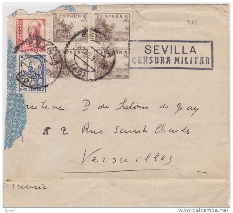 9165# SEVILLA 1937 CENSURA MILITAR - SELLOS PRO SEVILLA => FRANCIA VERSAILLES - Marcas De Censura Nacional