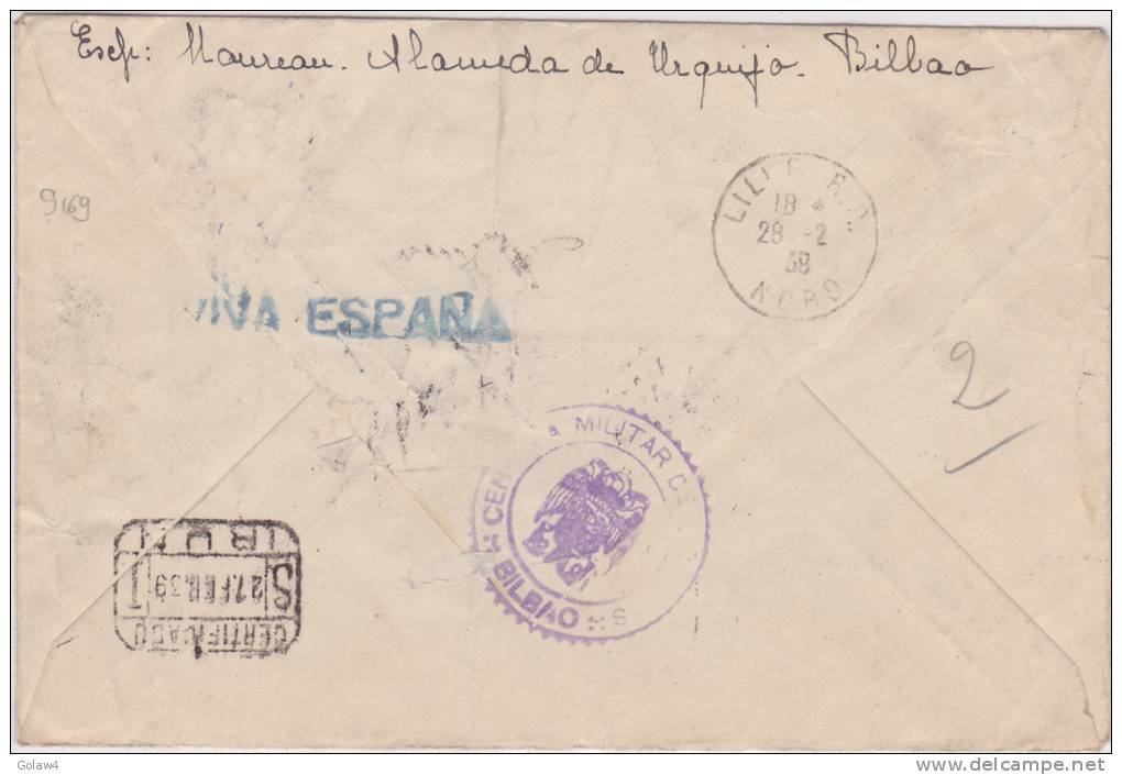 9169# BILBAO CERTIFICA 1939 CENSURA MILITAR DE CORREOS BILBAO 1 SELLOS FALTA => FRANCIA LILLE NORD CIVIL WAR - Marcas De Censura Nacional