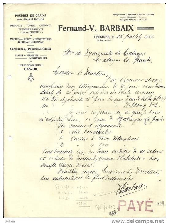 LESSINES  FERNAND V BARBAIX  Poudres En Grains Pour Mines Et Carrieres  .... 28.07.1927 - 1900 – 1949