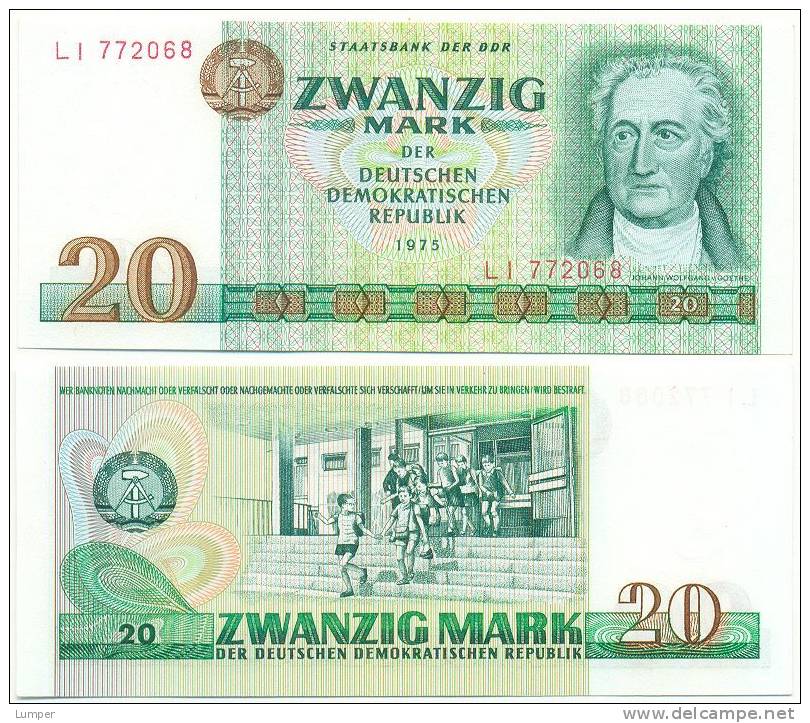 DDR 1975, 20 Mark, Staatsbank Der DDR, Goethe, KN 6stellig, Geldschein, Banknote - 20 Mark