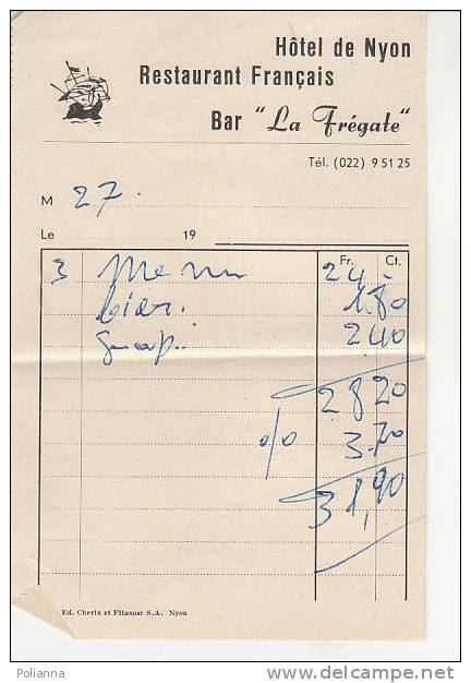 PO7952B# RICEVUTA HOTEL DE NYON - RESTAURANT FRANCAIS - BAR LA FREGATE FRANCIA Anni '60 - Sport & Tourismus